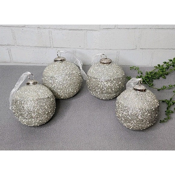The Unbranded Brand Other - Silver Glitter Beads & Pearls Glass Ball Kugel Christmas Ornaments 4 Pc 5"